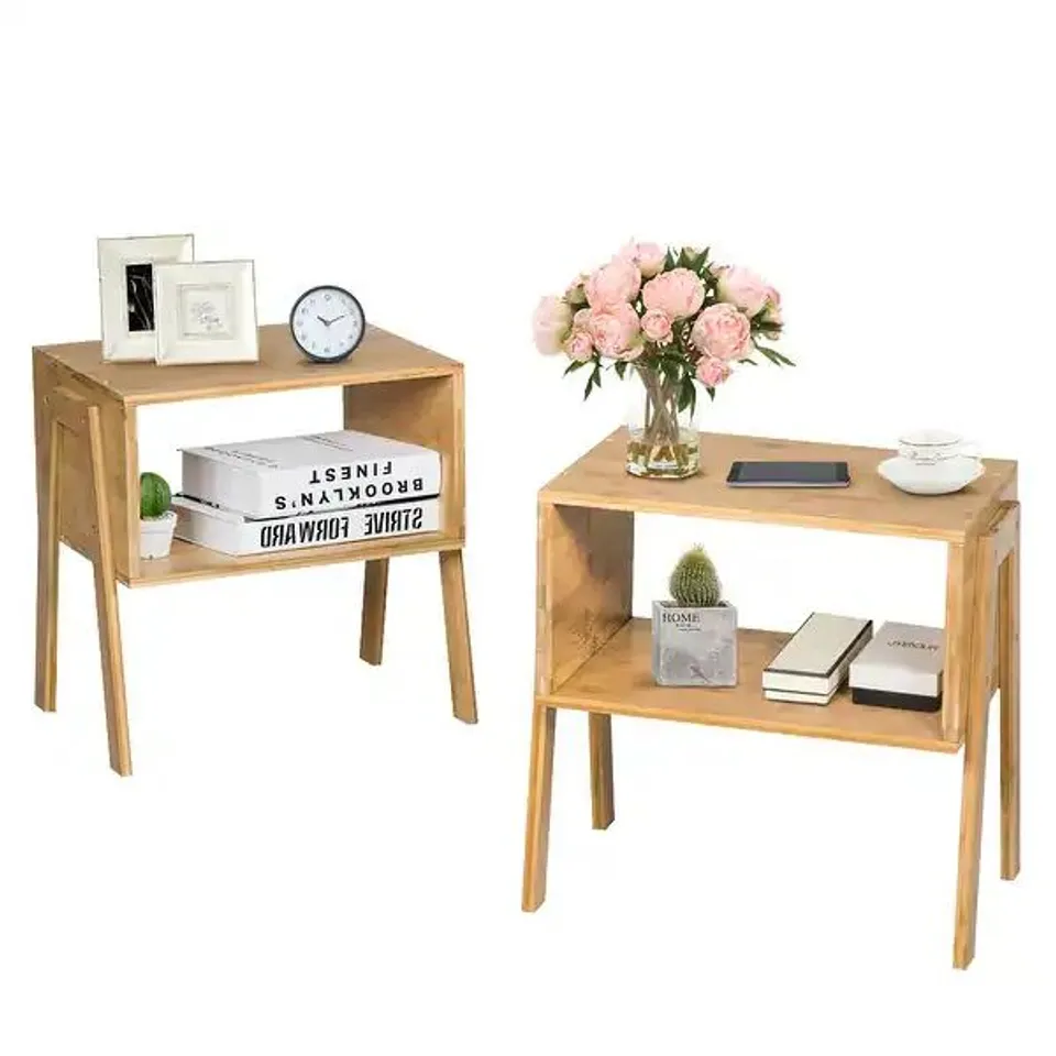 BOXED COSTWAY 2 PIECES BAMBOO NIGHTSTAND SOFA TABLE WITH STORAGE SHELF