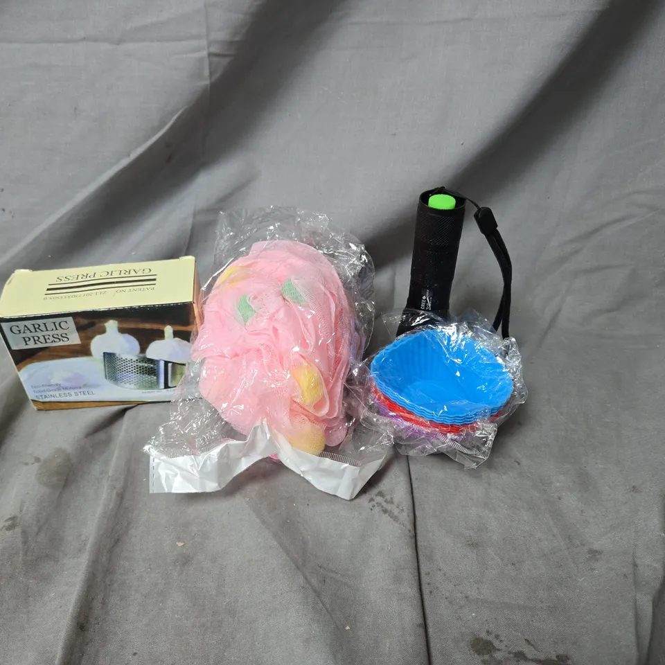 APPROXIMATELY 25 HOUSEHOLD ITEMS TO INCLUDE RUBBER CUPCAKE CASES, GARLIC PRESSES AND MINI TORCHES