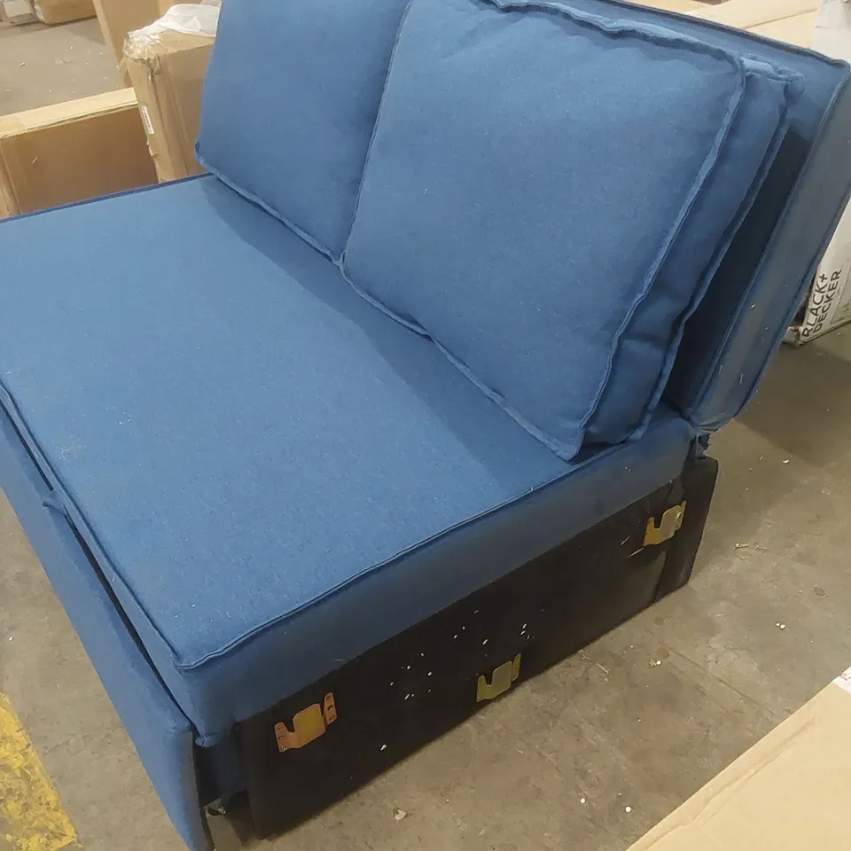 DESIGNER 2 SEATER FABRIC UPHOLSTERED SOFA BED - BLUE