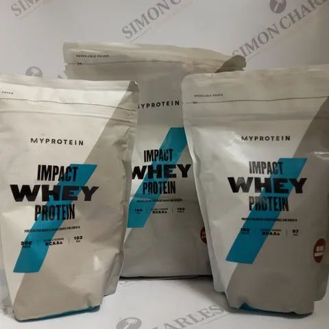 BOX OF 3 ASSORTED MY PROTEIN IMPACT WHEY PROTEIN PRODUCTS TO INCLUDE CHOCOLATE 1KG, CHOCOLATE 500G, VANILLA 500G 