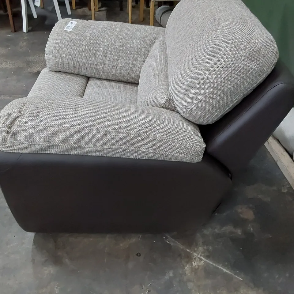DESIGNER MANUAL RECLINING EASY CHAIR BROWN FAUX LEATHER & LIGHT GREY FABRIC 