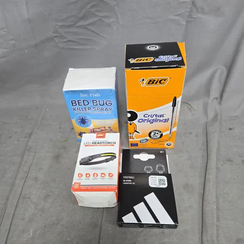 APPROXIMATELY 12 ASSORTED HOUSEHOLD ITEMS TO INCLUDE BIC PENS, FOOTBALL STUDS, LED HEADTORCH, BED BUG SPRAY ETC