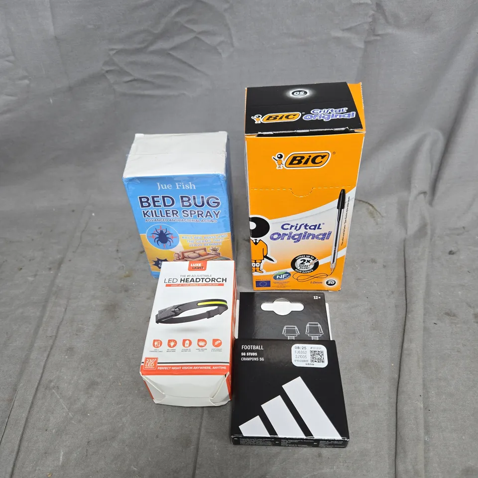 APPROXIMATELY 12 ASSORTED HOUSEHOLD ITEMS TO INCLUDE BIC PENS, FOOTBALL STUDS, LED HEADTORCH, BED BUG SPRAY ETC
