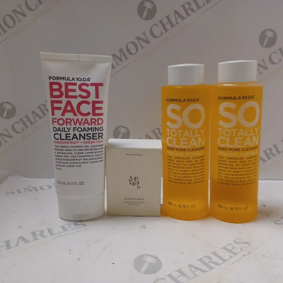 APPROXIMATELY 4 ASSORTED CLEANSING PRODUCTS TO INCLUDE FORMULA 10.0.06 DEEP PORE CLEANSER (200ml), FORMULA 10.0.06 DAILY FOAMING CLEANSER (150ml)< BEAUTY OF JOSEON CLEANSING BAR, ETC