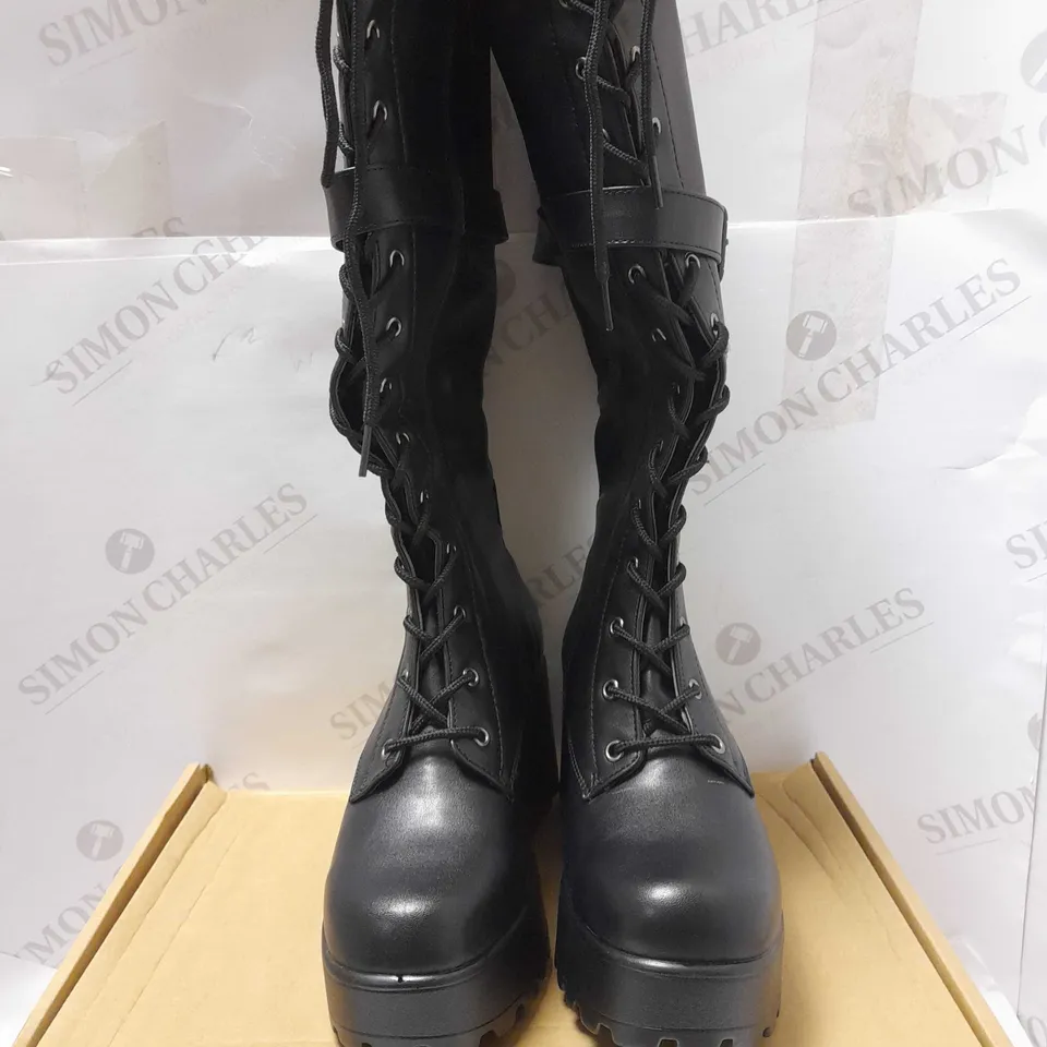 KOI CYRAX CHUNKY KNEE HIGH BLACK PU BUCKLE BOOTS - SIZE 3
