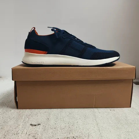 BOXED PAIR OF HACKETT LONDON H-RUNNER SOCK TRAINERS IN NAVY SIZE EU 44