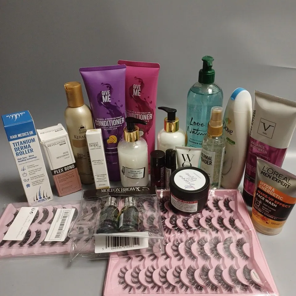 APPROXIMATELY 20 ASSORTED COSMETICS ITEMS TO INCLUDE REVOLUTION SKIN PLEX BOND (30ml), AVLON KERACARE (240ml), GIVE ME CONDITIONER (300ml), ETC