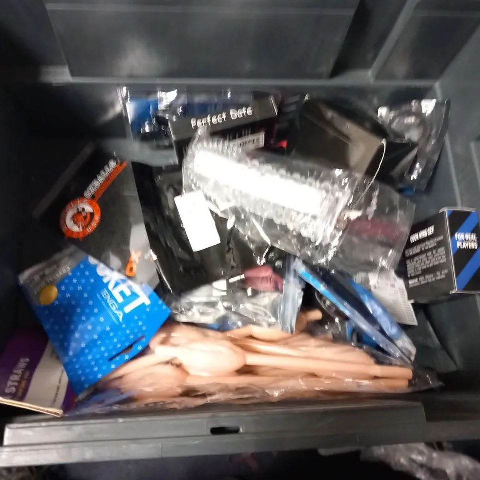 LARGE QUANTITY OF ASSORTED ADULT THEMED ACCESSORIES TO INCLUDE; PASANTE CONDOM DEMONSTRATOR, OXBALLS SPROCKET, MR MEMBER COCK RING SET AND LOVEHONEY BOOST
