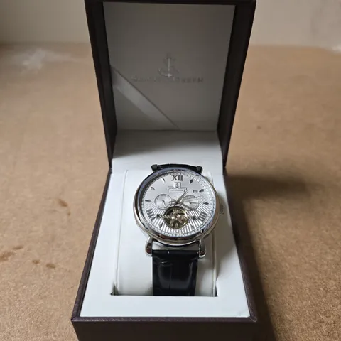 BOXED SAMUEL JOSEPH AUTOMATIC LIMITED EDITION SILVER TONE WATCH WITH WHITE DIAL