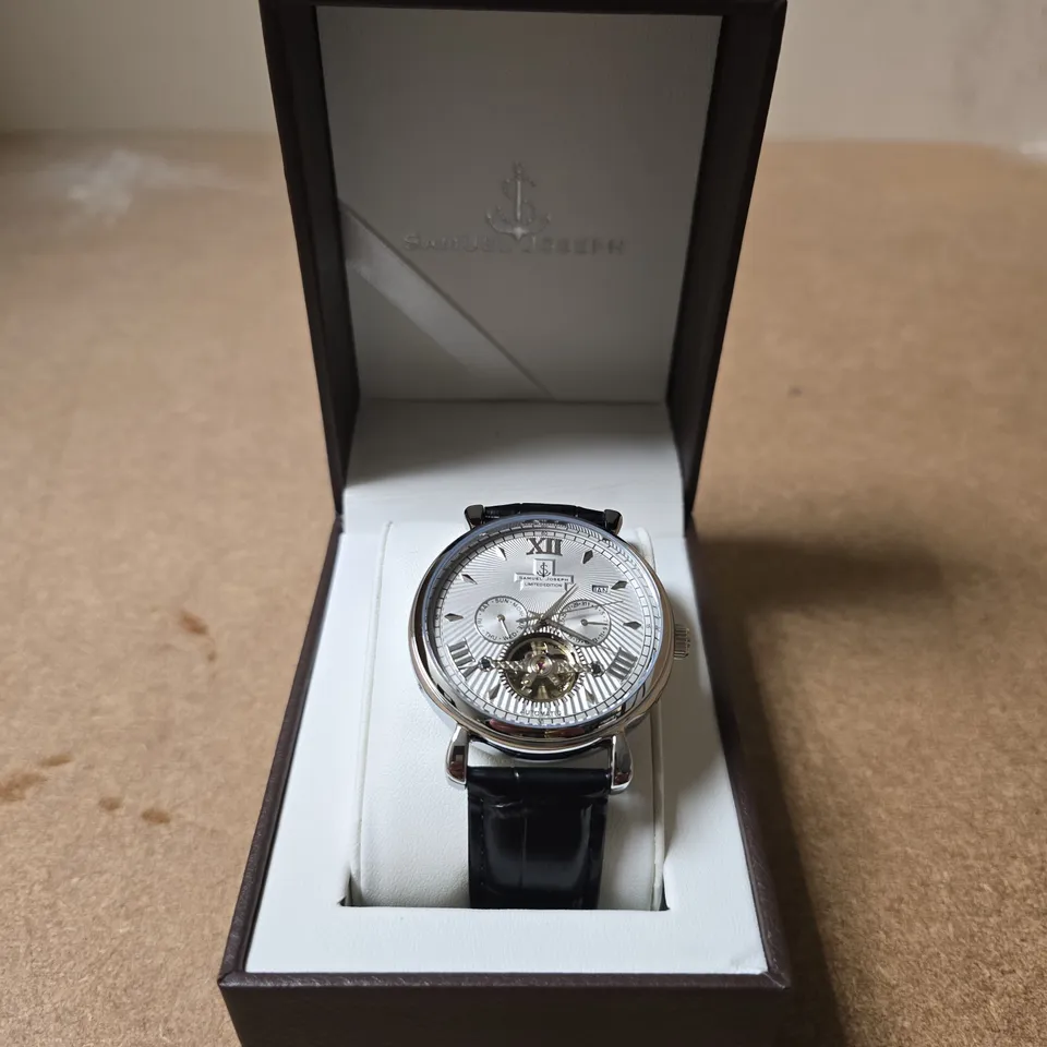 BOXED SAMUEL JOSEPH AUTOMATIC LIMITED EDITION SILVER TONE WATCH WITH WHITE DIAL