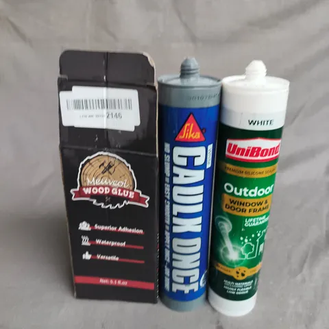 APPROX 10 ASSORTED ITEMS TO INCLUDE - WOOD GLUE AND SILICONE SEALANT TUBES – MELWOOD WOOD GLUE, BLUE ADHESIVE TUBE, UNIBOND OUTDOOR WINDOW & DOOR FRAME