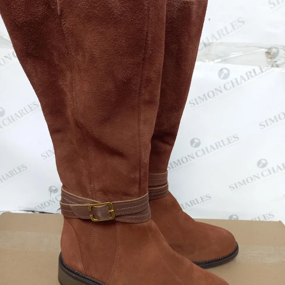 BOXED CLARKS MAY SHINE DARK TAN SUEDE KNEE BOOTS