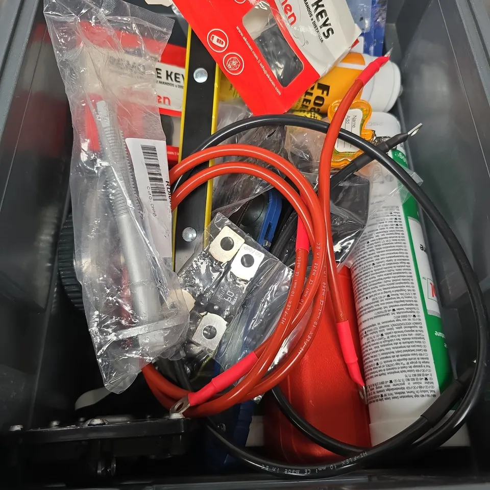 box of assorted car items to included - tools - sealant - cables 