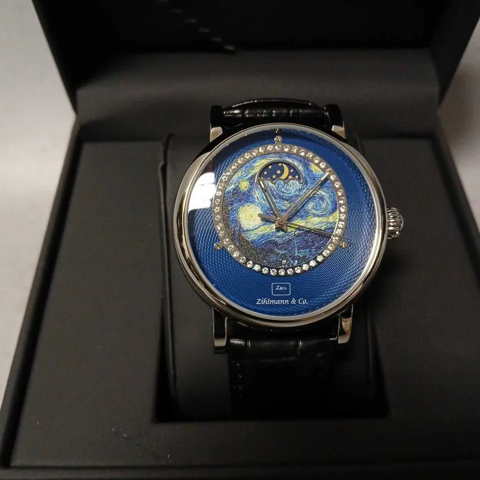 BOXED ZIHLMANN & CO AUTOMATIC WATCH WITH MOONPHASE DIAL WITH GLASS EXHIBITION BACKCASE