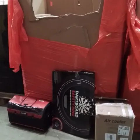 PALLET OF ASSORTED HOUSEHOLD GOODS AND PRODUCTS TO INCLUDE;TOOL BAG,AIR COOLER,DARTBOARD SAFETY RING