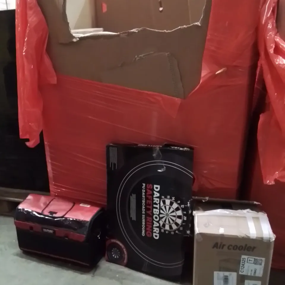 PALLET OF ASSORTED HOUSEHOLD GOODS AND PRODUCTS TO INCLUDE;TOOL BAG,AIR COOLER,DARTBOARD SAFETY RING