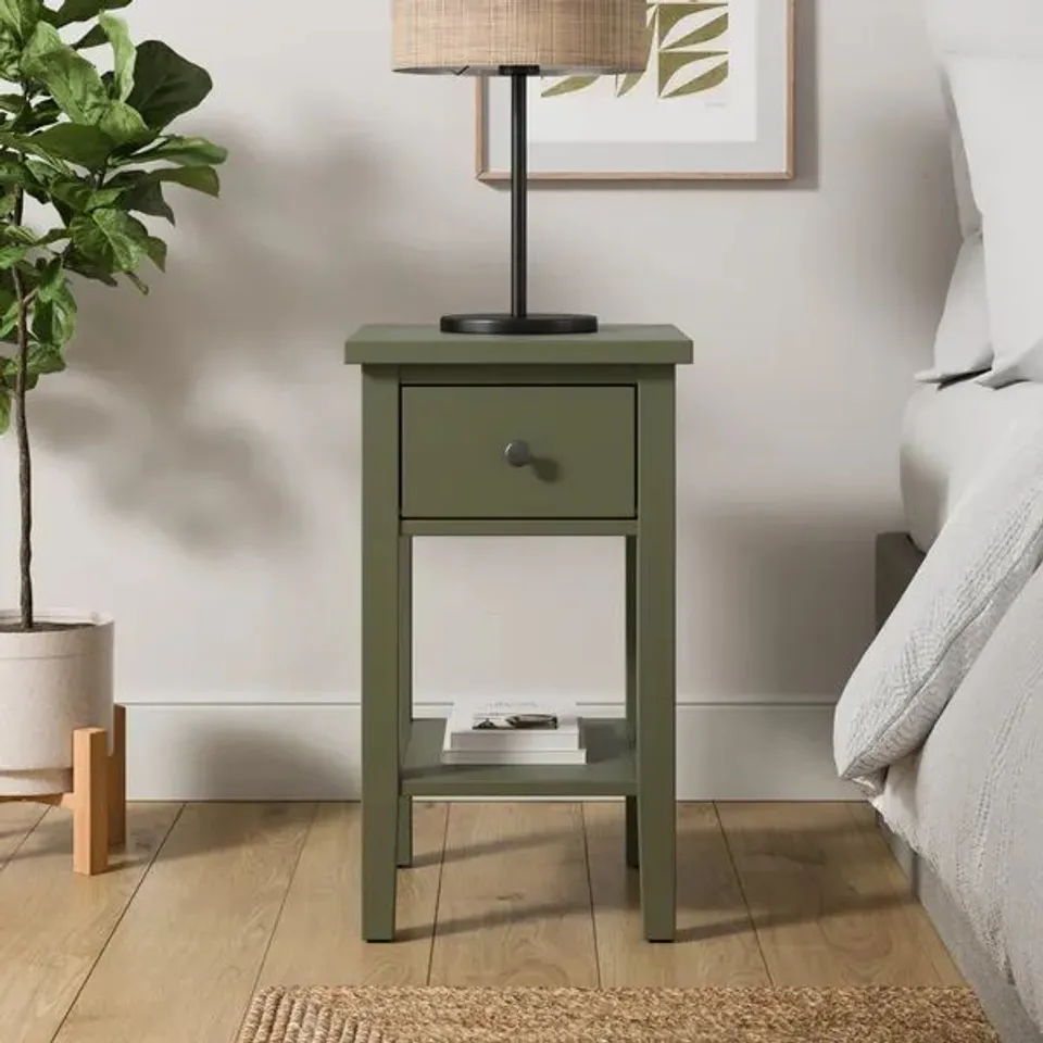 BOXED LYNTON 1 DRAWER SLIM BEDSIDE TABLE - OLIVE (1 BOX)