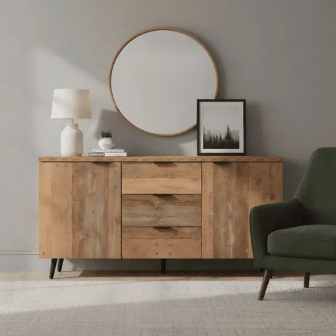 BOXED 140cm WIDE 2 DOORS AND 3 DRAWERS SIDEBOARD - RUSTIC BROWN (2 BOXES)