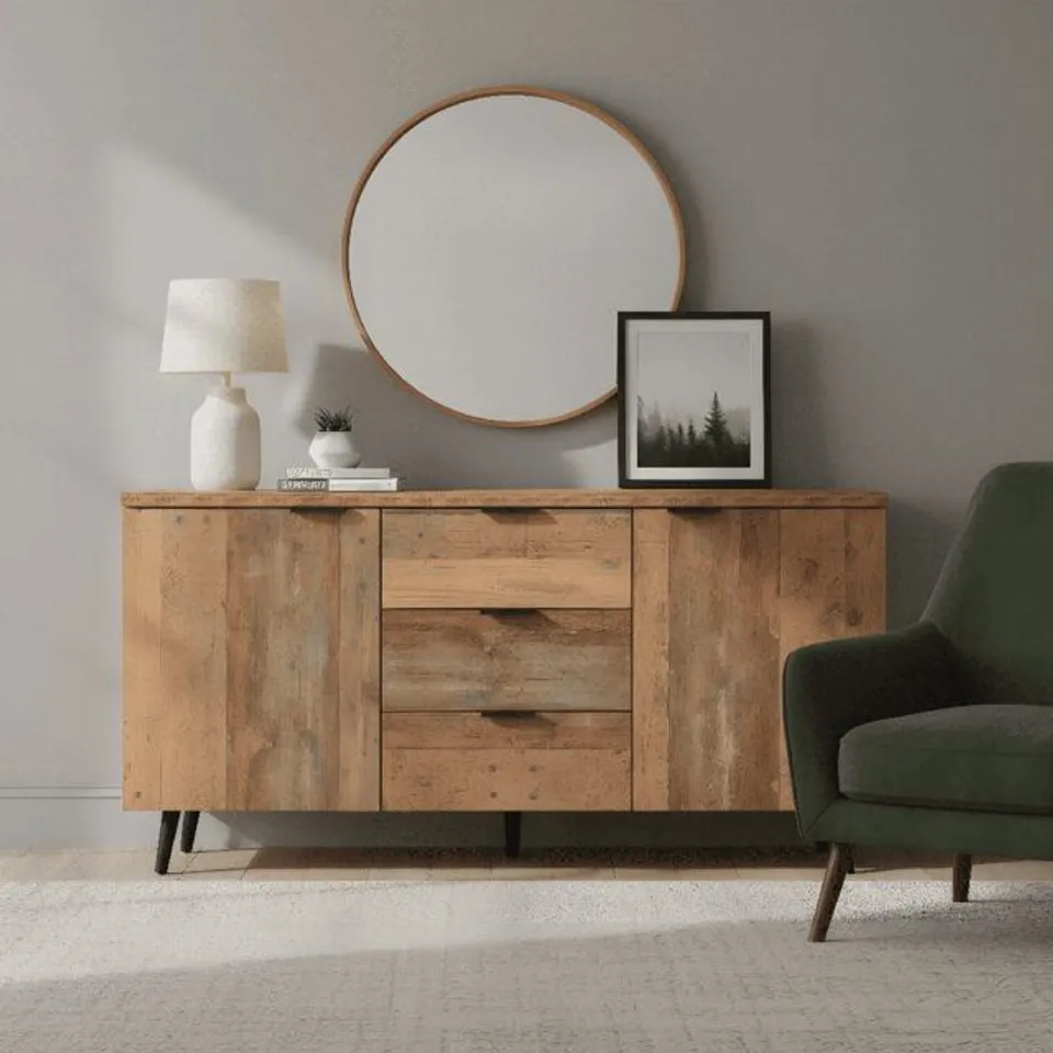 BOXED 140cm WIDE 2 DOORS AND 3 DRAWERS SIDEBOARD - RUSTIC BROWN (2 BOXES)