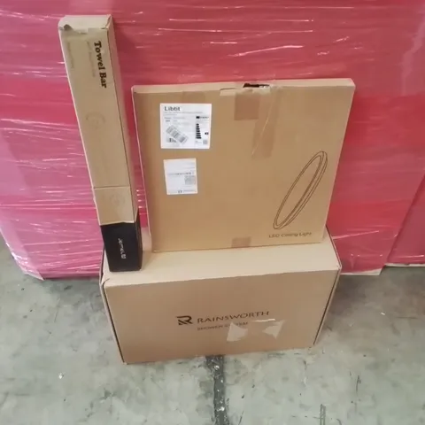 PALLET OF ASSORTED HOUSEHOLD GOODS AND PRODUCTS TO INCLUDE;LED CEILING LIGHT,SHOWER SYSTEM,TOWEL BAR