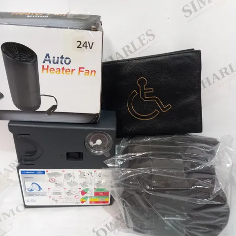 LOT OF ASSORTED ITEMS TO INCLUDE - AUTO HEATER FAN - TIRE PUMP
