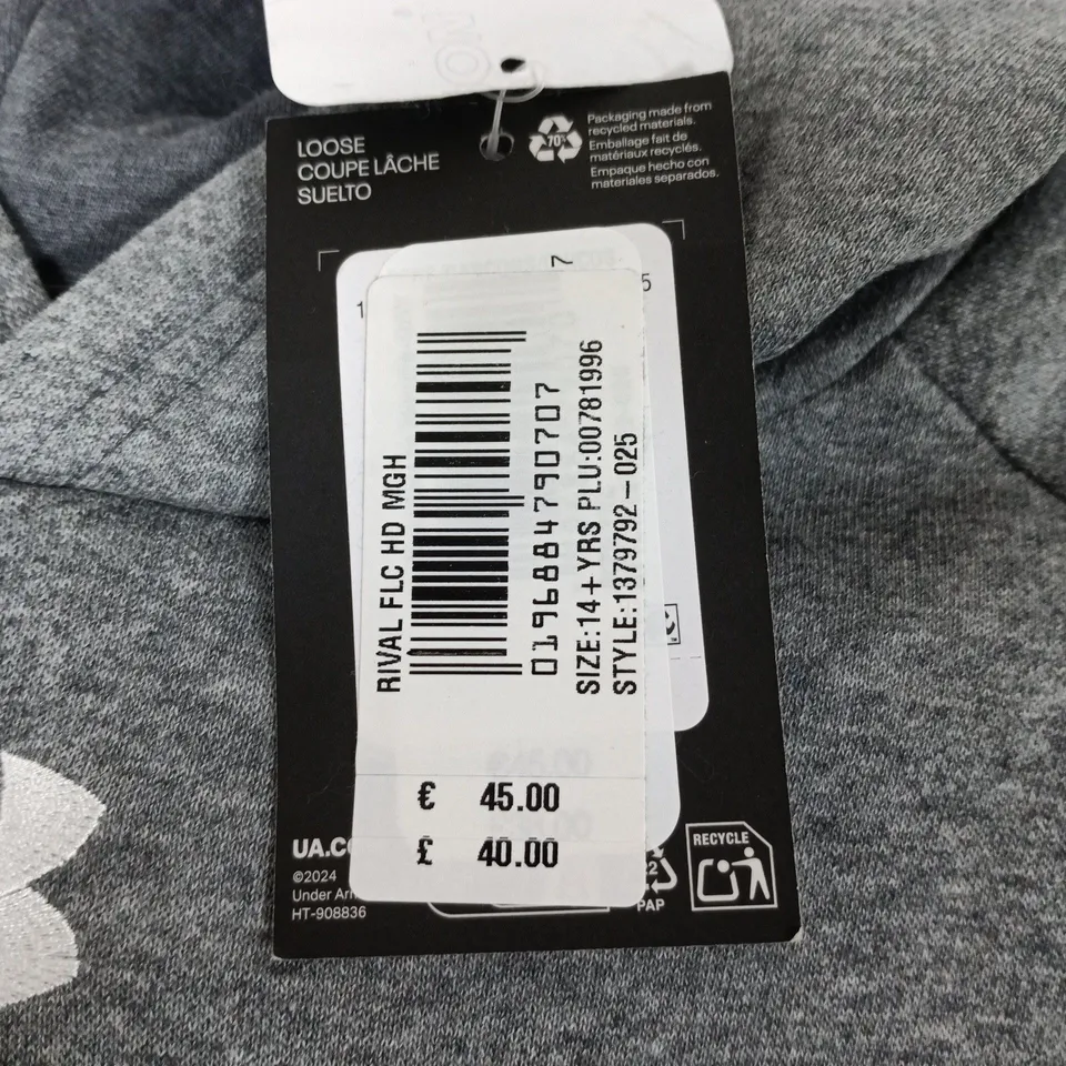 UNDER ARMOUR RIVAL FLEECE HOODIE IN GREY - YXL