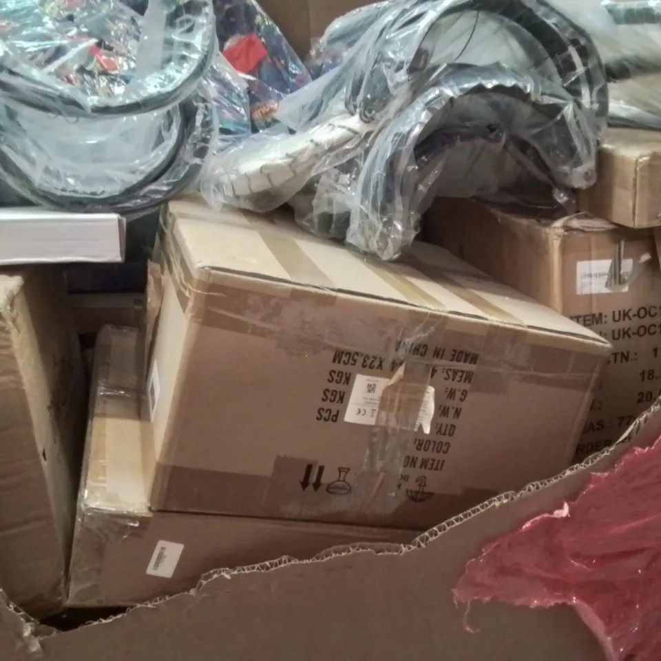 PALLET CONTAINING VARIOUS ASSORTED BOXED HOUSEHOLD ITEMS TO INCLUDE: KIDS RIDE ON, TOILET SEAT, PLANT SUPPORTS, CAMPING TABLE, SNUG KIDS BACKPACKS AND LOTS MORE UNMARKED BOXED ITEMS 