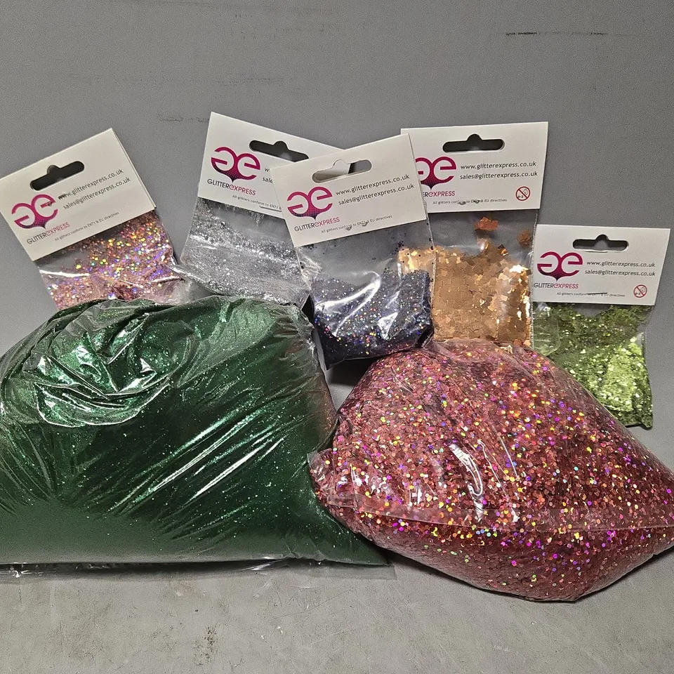 PALLET OF LARGE QUANTITY OF ASSORTED GLITTERS TO INCLUDE - GLITTER EXPRESS ROSE GOLD SQUARES , GLITTER EXPRESS BLACK GLITTER , UNBRANDED FINE GLITTER ETC - COLLECTION ONLY