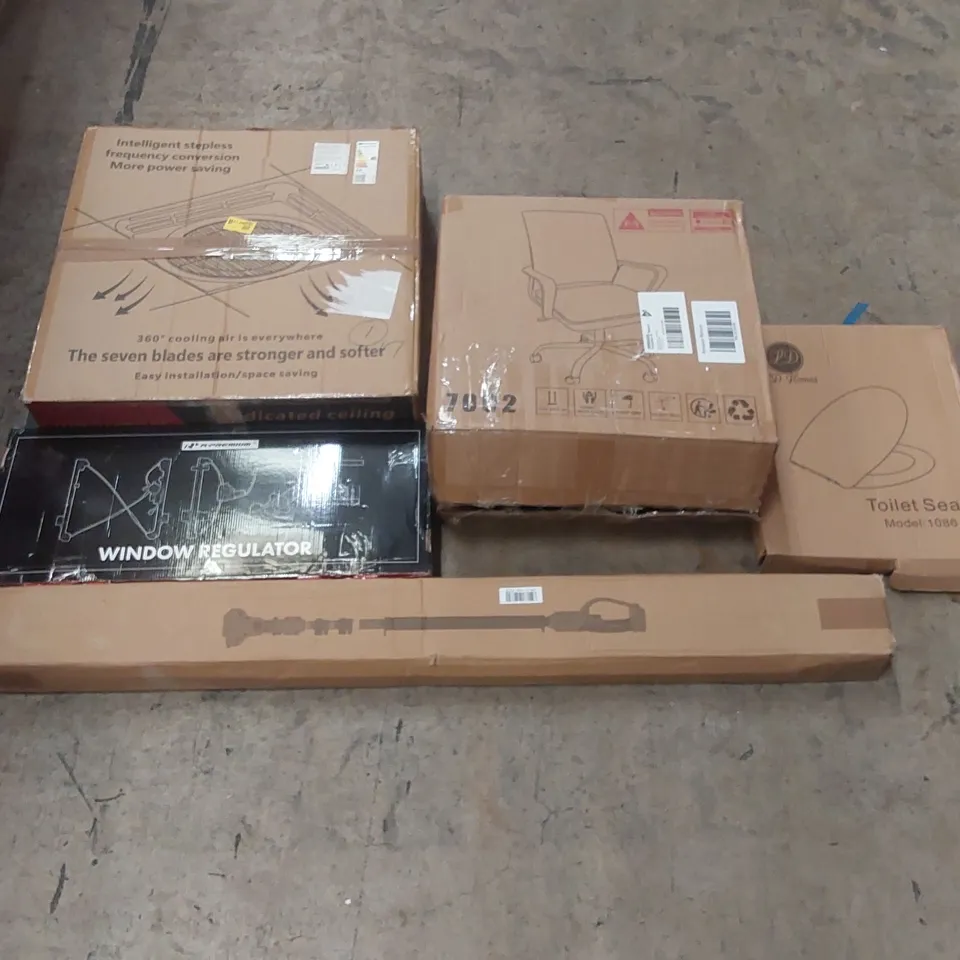 PALLET OF ASSORTED ITEMS INCLUDING: CEILING FAN, OFFICE CHAIR, WINDOW REGULATOR, TOILET SEAT ECT