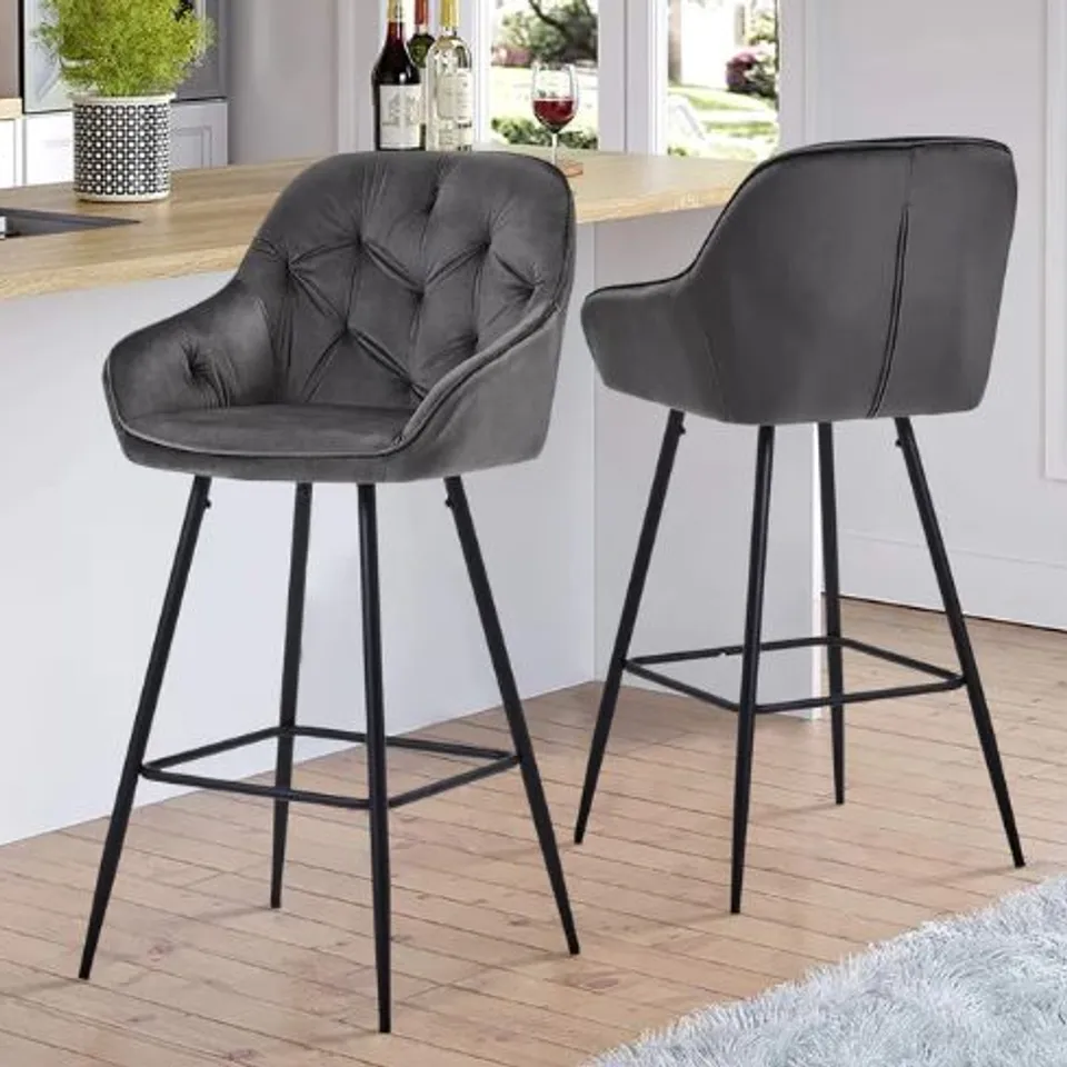 BOXED GARVIES SET OF TWO GREY VELVET BARSTOOL