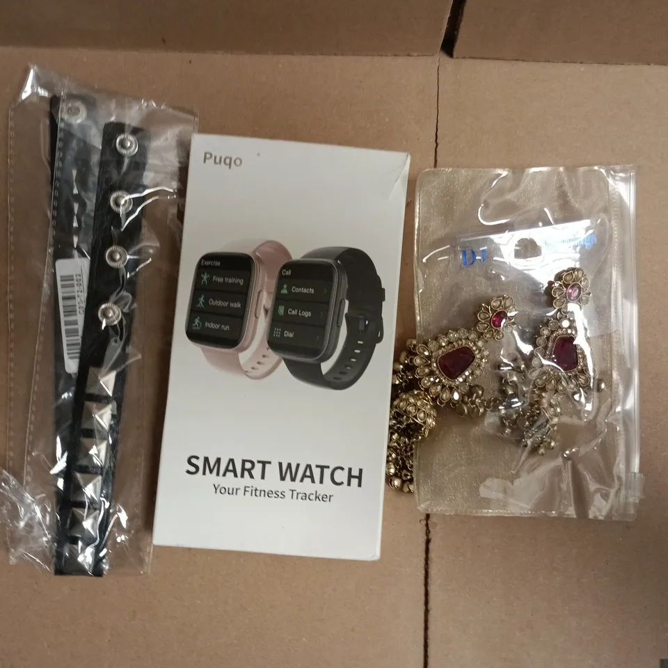 APPROXIMATELY 10 ASSORTED JEWELLERY ITEMS TO INCLUDE EARRINGS, SMART WATCH, ETC