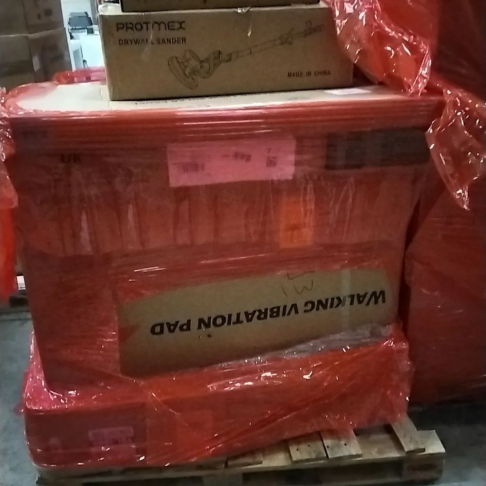 PALLET CONTAINING ASSORTED ITEMS TO INCLUDE: DRYWALL SANDER, SOLAR PANELS AND WALKING VIBRATION PAD ETC...