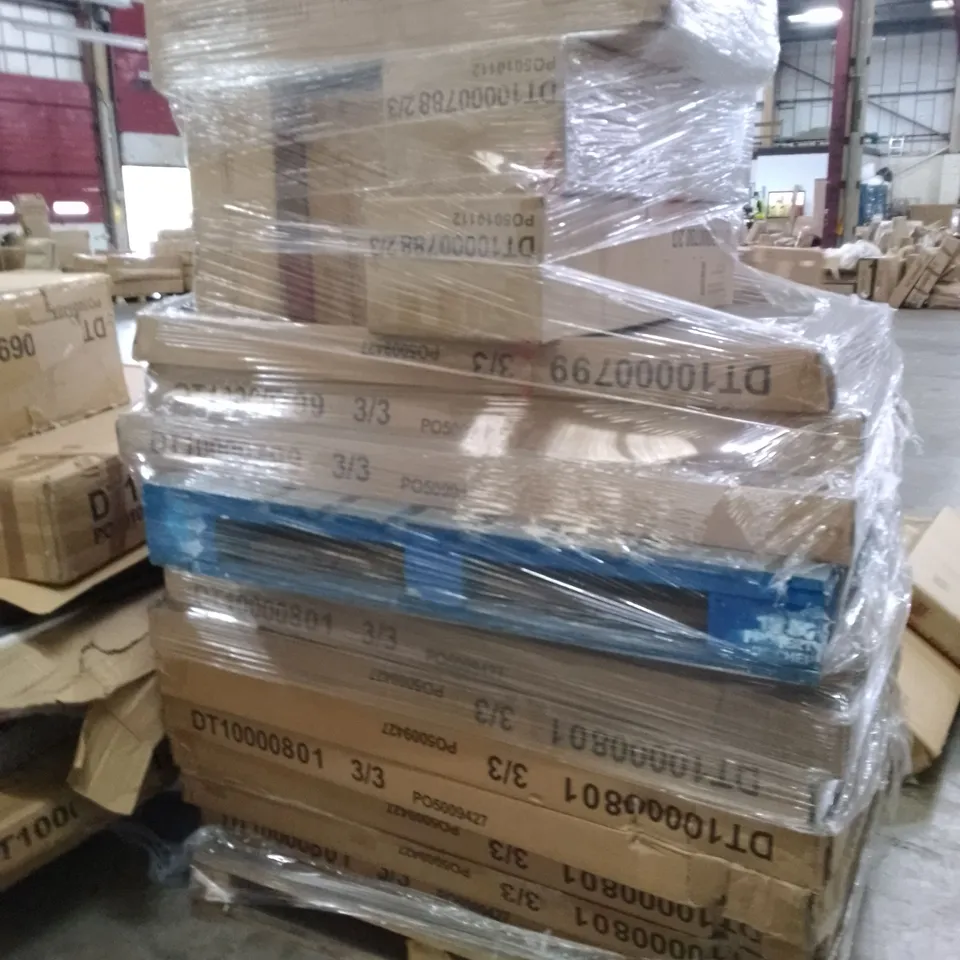 PALLET OF ASSORTED FLAT PACK DINING TABLE PARTS 