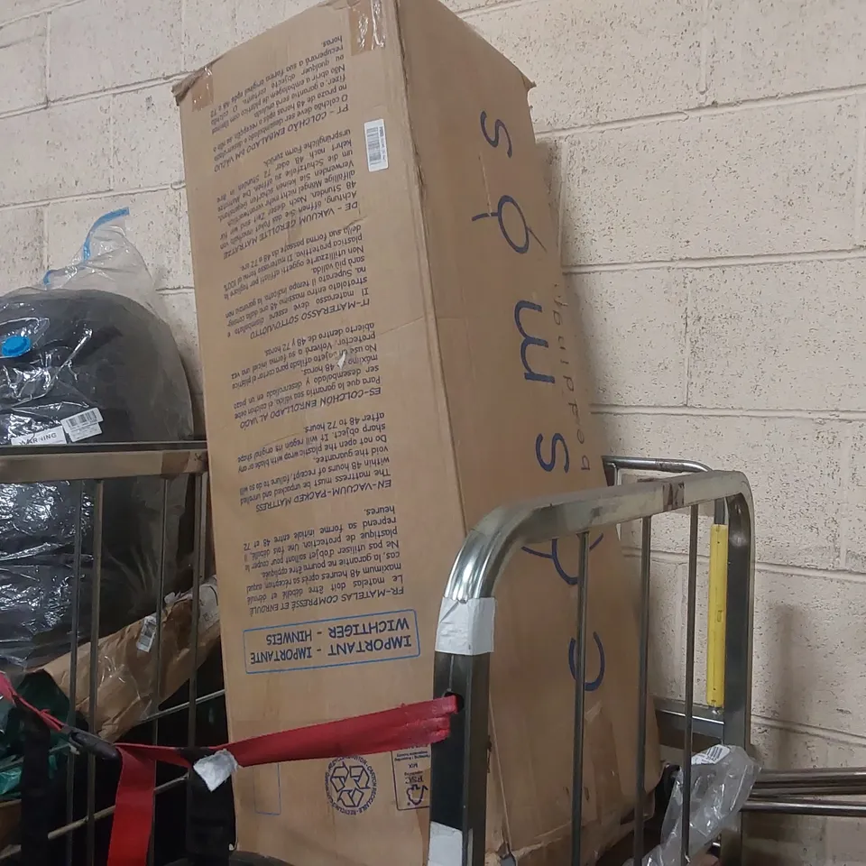 CAGE CONTAINING ASSORTED ITEMS INCLUDING: FOLDING GARDEN TABLES, ROLLED MATTRESS, TOILET SEAT ECT // CAGE NOT INCLUDED