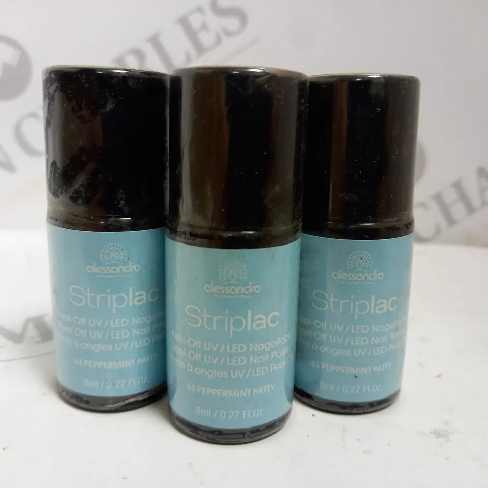 BOX OF APPROX 25 X 8ML ALESSANDRO STRIPLAC PEEL-OFF UV LED NAIL POLISH #63 PEPPERMINT PATTY 