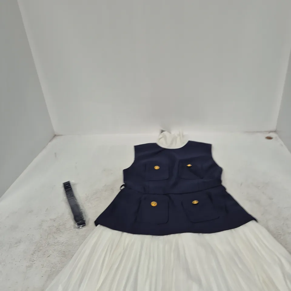 SELF-PORTRAIT NAVY DRESS WITH WHITE PLEATED SKIRT, UK 6