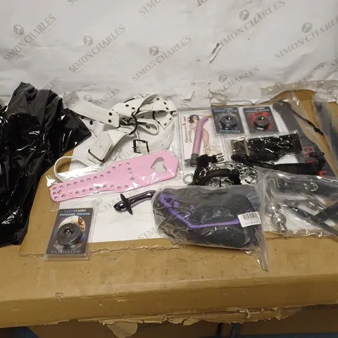 LOT OF APPROXIMATELY 10 ADULT TOYS TO INCLUDE VIBRATORS, BONDAGE EQUIPMENT, AND BITCH SLAPERS ETC.