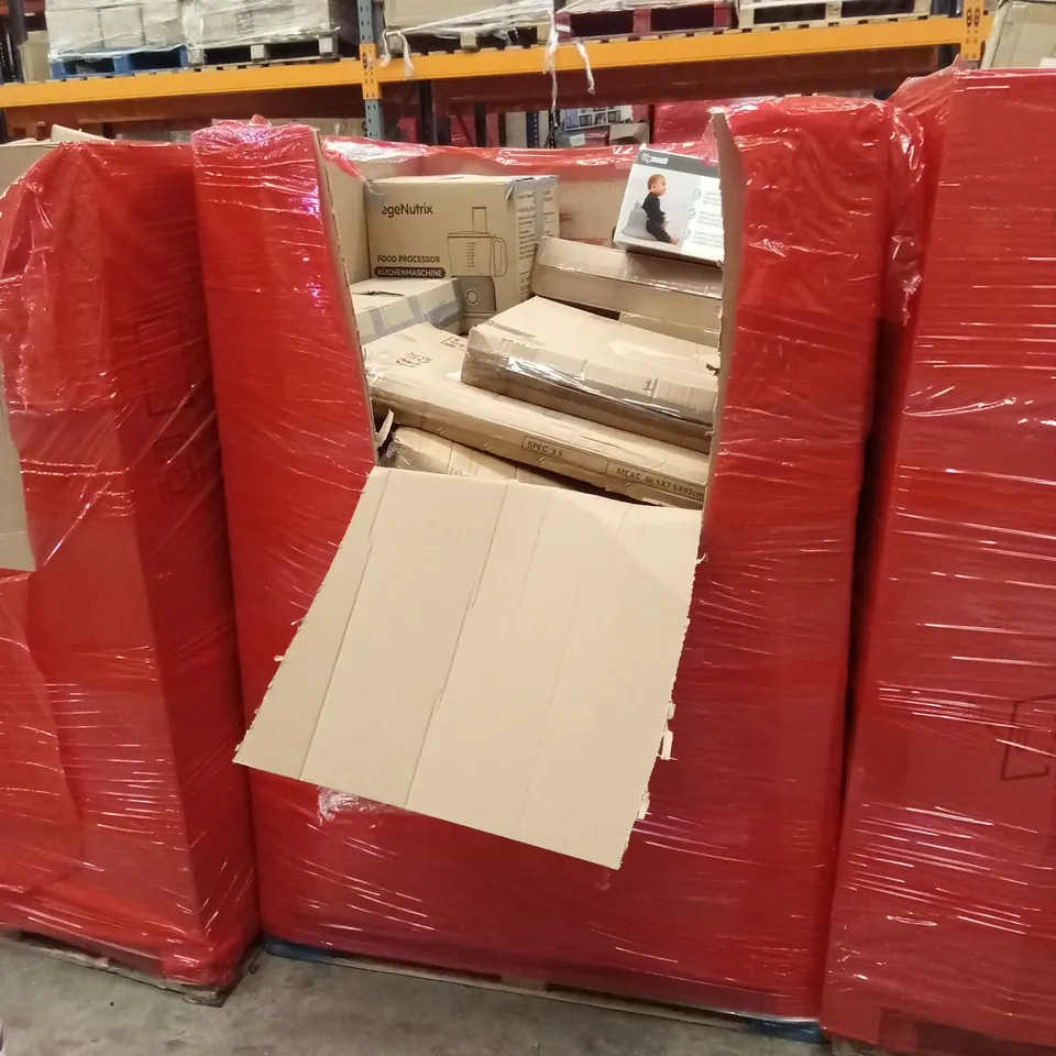PALLET OF ASSORTED HOUSEHOLD GOODS AND PRODUCTS TO INCLUDE; FOOD PROCESSOR, TOILET SEAT COVER, BOOSTER SEAT, STANDING FAN ETC