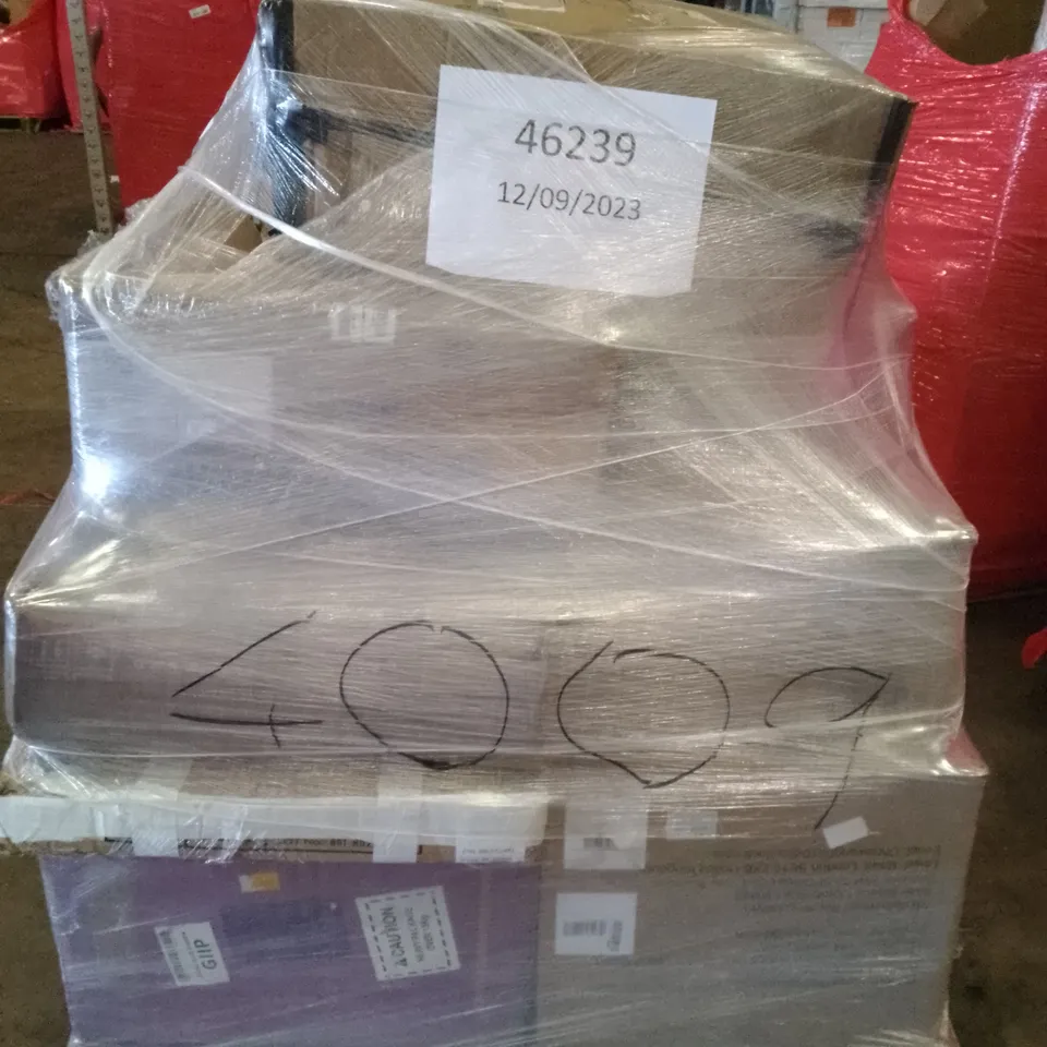 PALLET OF ASSORTED ITEMS INCLUDING OFFICE CHAIR, PAPER CUTTER, WORK DESK, ERGONOMIC CHAIR 