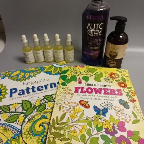 BOX OF ASSORTED ITEMS TO INCLUDE NIGHT ELIXIR OIL, BEARD SHAMPOO, FLOWER BOOK ETC