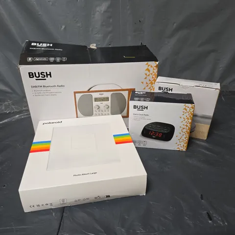 APPROXIMATELY 15 ASSORTED ITEMS TO INCLUDE BUSH DAB/FM BLUETOOTH RADIO, POLAROID PHOTO ALBUM LARGE, BUSH ALARM CLOCK RADIO, ETC
