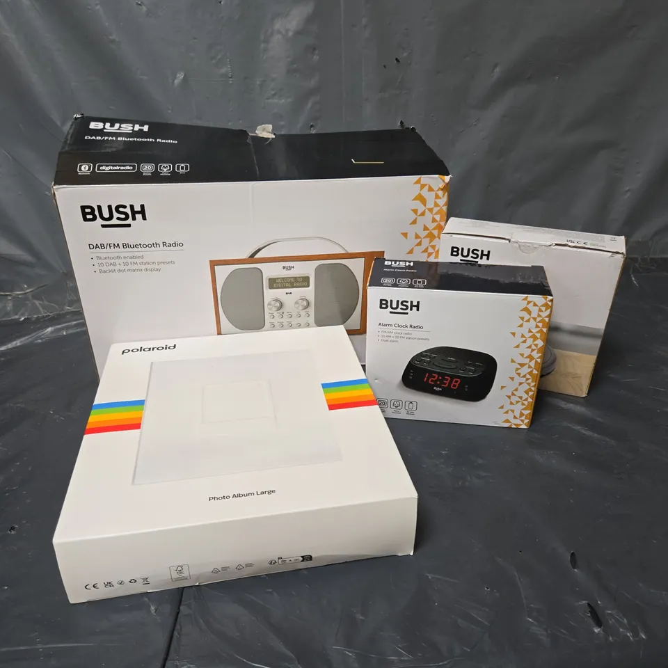 APPROXIMATELY 15 ASSORTED ITEMS TO INCLUDE BUSH DAB/FM BLUETOOTH RADIO, POLAROID PHOTO ALBUM LARGE, BUSH ALARM CLOCK RADIO, ETC