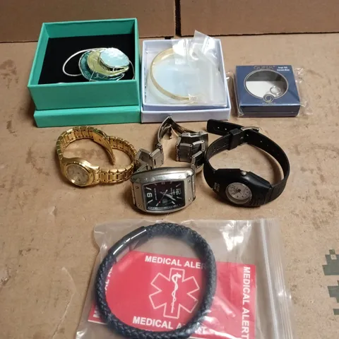 TOTE OF APPROXIMATELY 20 ASSORTED JEWELLERY/WATCH ITEMS TO INCLUDE MEDICAL ALERT BRACELET, OUFER BODY JEWELLERY, WATCHES, NECKLACES, BRACELETS ETC