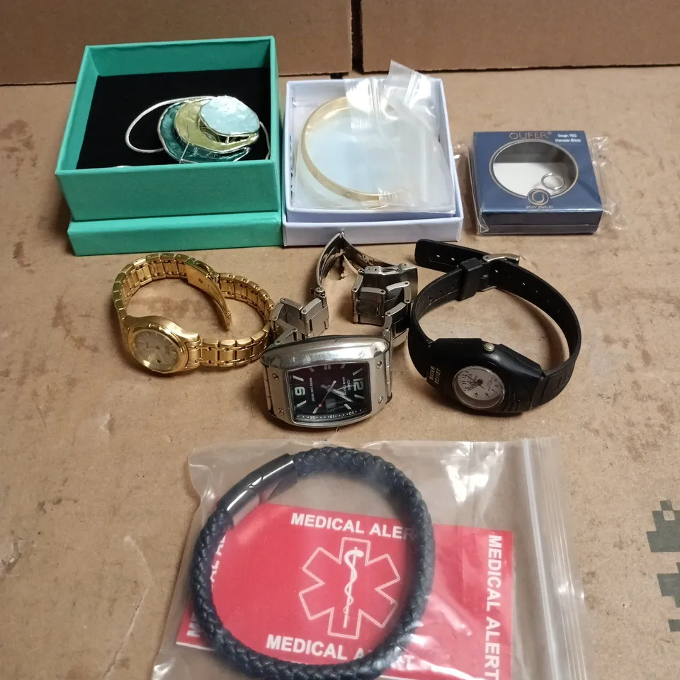 TOTE OF APPROXIMATELY 20 ASSORTED JEWELLERY/WATCH ITEMS TO INCLUDE MEDICAL ALERT BRACELET, OUFER BODY JEWELLERY, WATCHES, NECKLACES, BRACELETS ETC