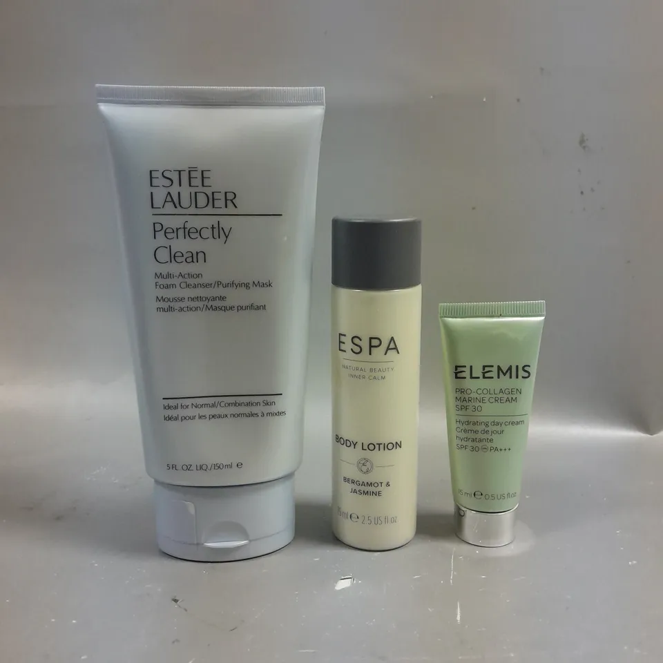 3 HEALTH AND BEAUTY PRODUCTS TO INCLUDE ELEMIS PRO-COLLAGEN MARINE CREAM SPF 30 (15ML), ESTEE LAUDER PERFECTLY CLEAN FOAM CLEANSER (150ML) AND ESPA BERGAMOT & JASMINE BODY LOTION (75ML).