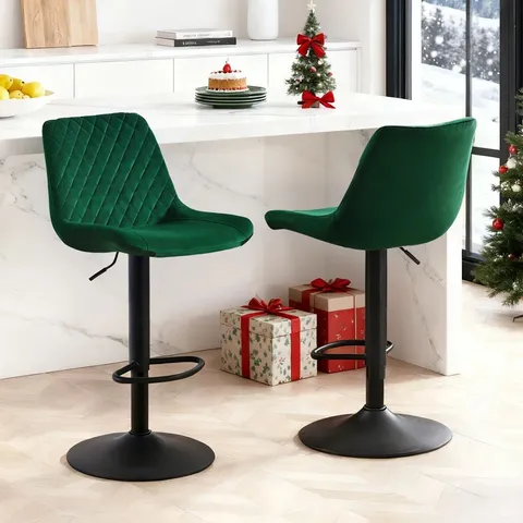 BOXED PAIR OF APOCH VELVET HEIGHT ADJUSTABLE BAR STOOLS - GREEN