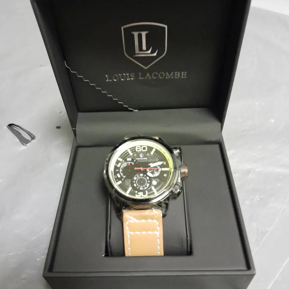 MENS LOUIS LACOMBE CHRONGRAPH WATCH WITH 3 SUB DIALS, BLACK CASE AND LEATHER STRAP