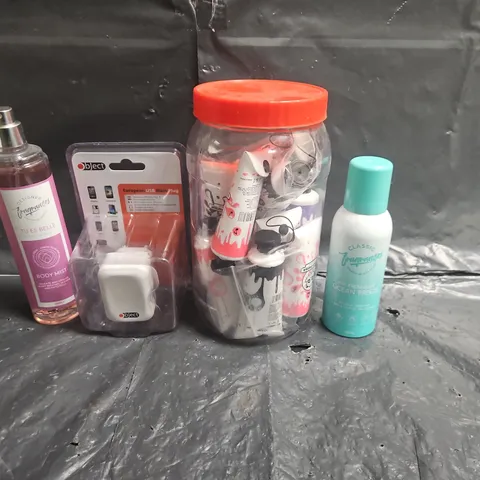 BOX OF APPROXIMATELY 20 HOUSEHOLD PRODUCTS TO INCLUDE EARPHONES, CLEAN BREEZE AIR FRESHENER AND EUROPEAN MAINS PLUGS