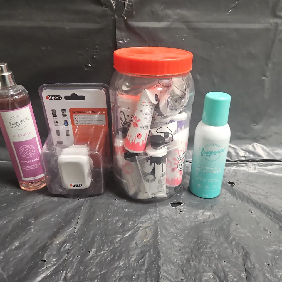 BOX OF APPROXIMATELY 20 HOUSEHOLD PRODUCTS TO INCLUDE EARPHONES, CLEAN BREEZE AIR FRESHENER AND EUROPEAN MAINS PLUGS