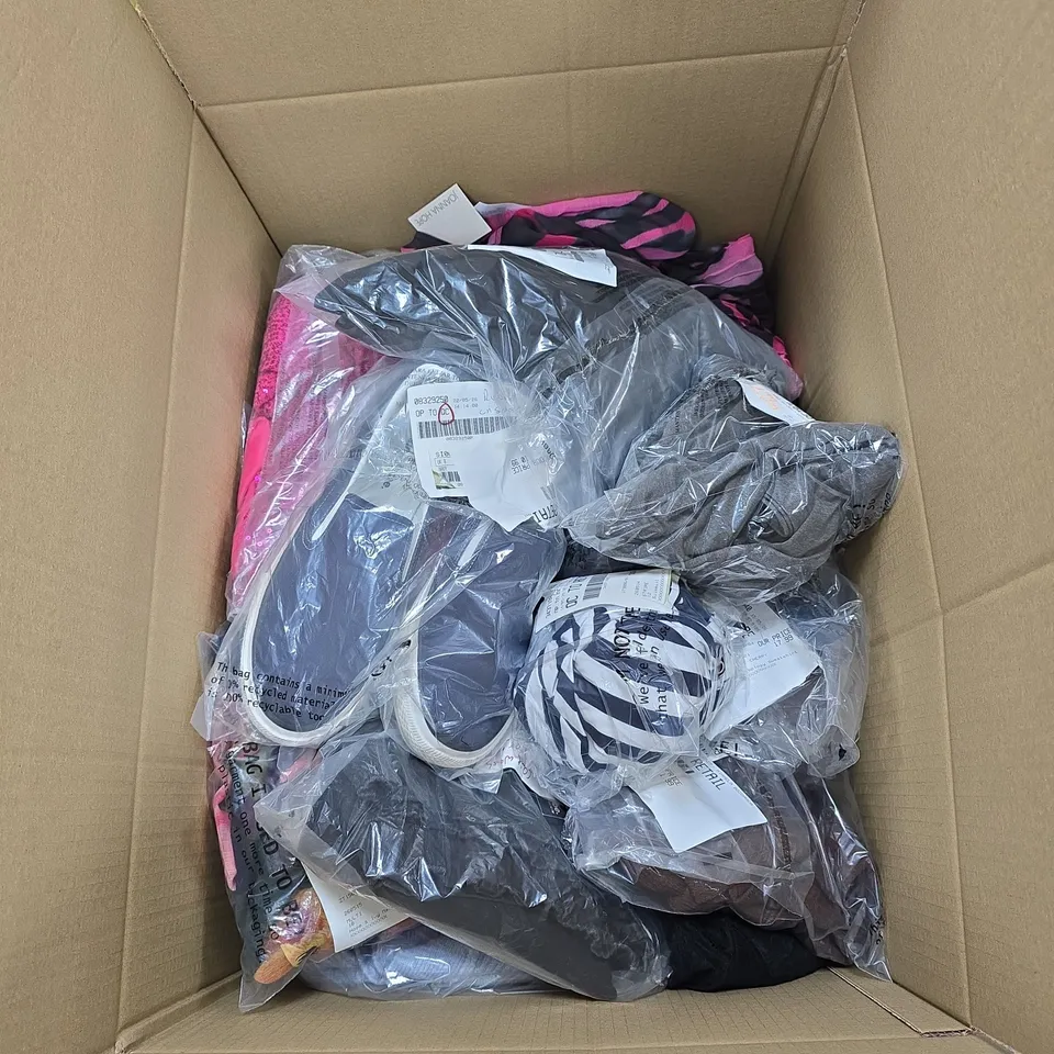 BOX OF APPROXIMATELY 22 ASSORTED CLOTHING ITEMS TO INCLUDE JOANNA HOPE TOP, LOVEDROBE SKIRT, SIMPLY BE FOOTWEAR ETC